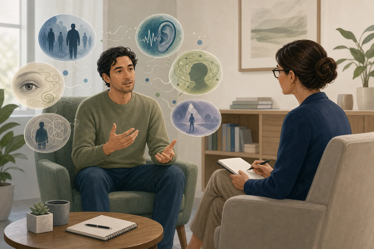 Psychosis symptoms in a calm clinical scene